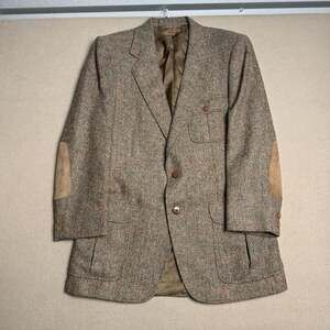 Aker Vintage Brown Herringbone Tweed Wool Sport Coat Blazer Suede Elbow Patches